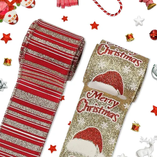 Miniatura 8 de Threetols 2 rollos de cintas de Navidad con borde con alambre de 10 yardas, cintas de arpillera de rayas rojas y verdes de 2.5 pulgadas, cinta