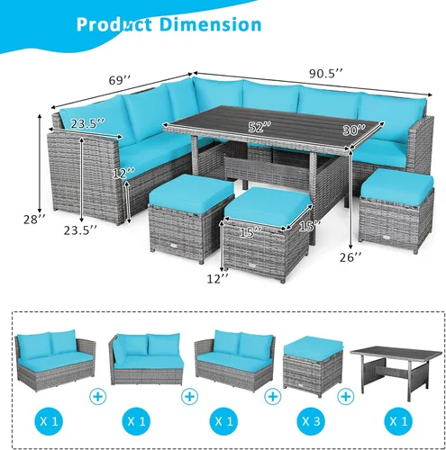 Miniatura 4 de Tangkula Juego de muebles de patio para 6, 7 piezas para todo tipo de clima, sofá seccional de mimbre de polietileno resistente con mesa de comedor