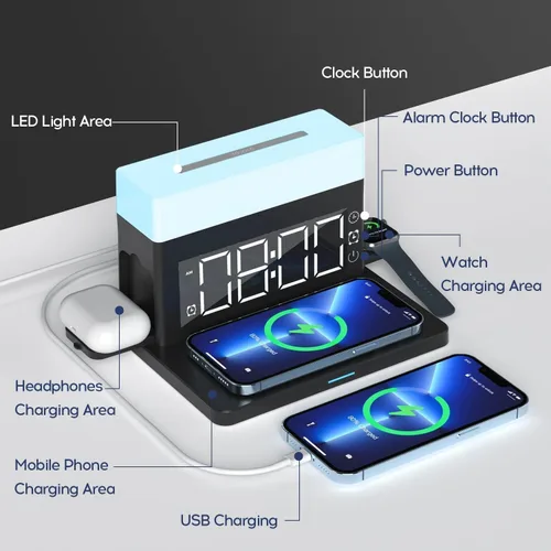 Miniatura 7 de Cargador inalámbrico, estación de carga inalámbrica 6 en 1 con despertador digital y luz nocturna, cargador rápido de 15 W compatible con iPhone