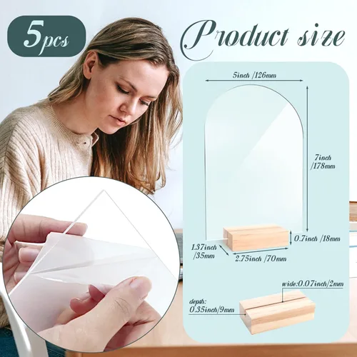 Miniatura 2 de Bercoor Paquete de 5 carteles acrílicos de arco transparente en blanco de 5 x 7 pulgadas con soportes de madera, hoja acrílica arqueada, números