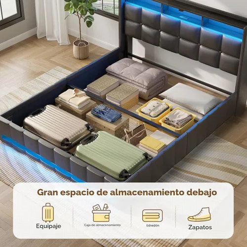 Miniatura 4 de Rolanstar Marco de cama individual con almacenamiento elevable, estación de carga y luces LED, cabecero tapizado con almacenamiento, listones