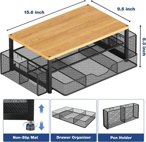 Miniatura 3 de OPNICE - Organizadores y accesorios de escritorio, con soporte de monitor de computadora de 2 niveles, cajón y 2 soportes para bolígrafos, Roble