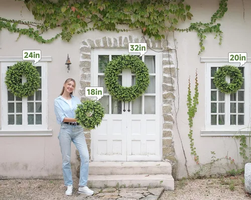 Miniatura 3 de DDHS Corona de boj de 18 pulgadas para puerta principal – Corona artificial verde de casa de campo, decoración DIY para primavera, verano, otoño e
