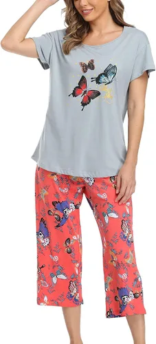 Miniatura 2 de ENJOYNIGHT - Conjunto de pijama de algodón para mujer, pijama de manga corta y pantalones capri, ropa de dormir de 2 piezas