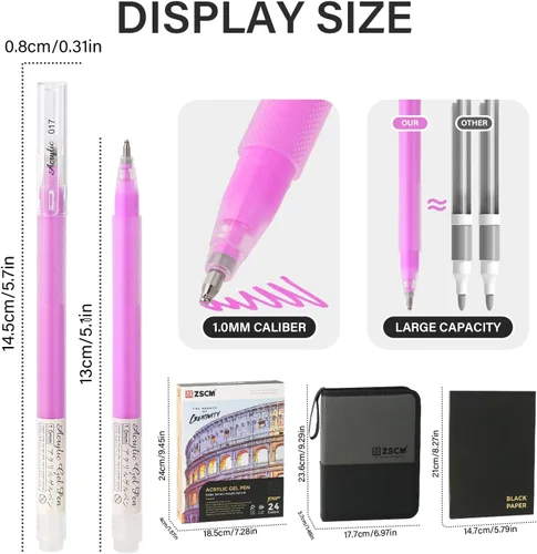 Miniatura 3 de ZSCM Bolígrafos de gel acrílico 3D de 24 colores y cuaderno de bocetos de papel negro para dibujo, bolígrafo de tinta acrílica de punta fina de 0.04