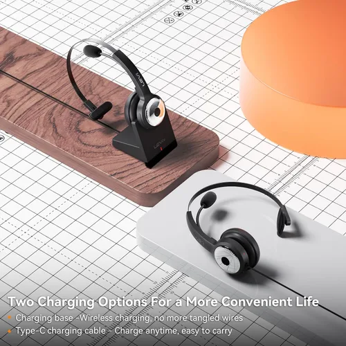 Miniatura 4 de LEVN Auriculares inalámbricos con micrófono para el trabajo, auriculares inalámbricos (base de carga, cancelación de ruido y botón de silencio)
