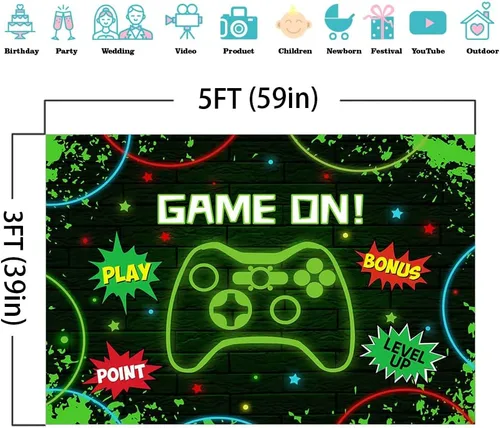 Miniatura 4 de Mocsicka Fondo de fiesta de cumpleaños para videojuegos, juego de fondo de cumpleaños de niños, luz verde, decoración de fiesta de juegos, pancarta