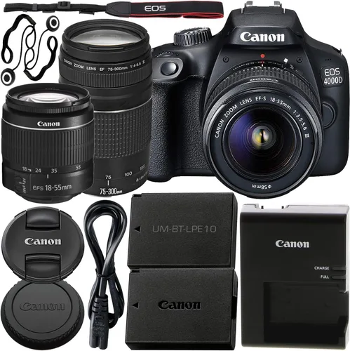 Cámara DSLR Canon EOS 4000D con lente EF-S 18-55mm III y lente EF 75-300mm III paquete básico - Incluye: batería de repuesto LPE10 de vida extendida