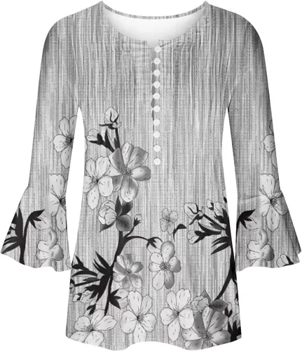 Miniatura 54 de Ceboyel Blusa tipo túnica con estampado floral para mujer, con botones, estilo Henley, con manga de codo, casual, trajes de moda para mujer