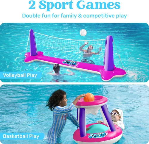 Miniatura 2 de JOYIN Juego de flotadores inflables para piscina, red de voleibol y aros de baloncesto, flotadores flotantes de juguete para niños y adultos, cancha
