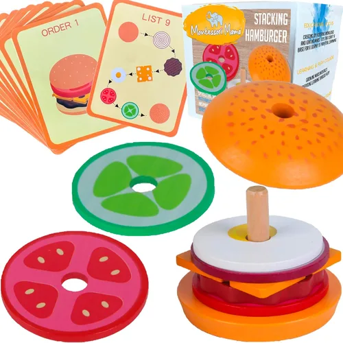 Montessori Mama Hamburguesa apilable, crea un apilador de secuenciación de hamburguesas, juguetes de terapia ocupacional, juguete multicultural para