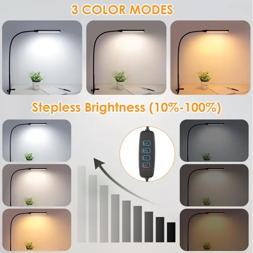 Miniatura 2 de ShineTech Lámpara de escritorio LED con abrazadera, con clip que cuida los ojos, luz de escritorio con 3 modos de color y atenuación continua