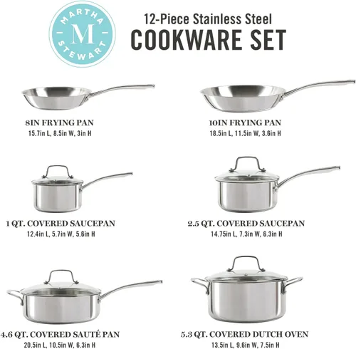 Miniatura 2 de Martha Stewart Castelle - Juego de ollas y sartenes de cocina de 10 piezas de acero inoxidable 18/8 duradero, seguro para inducción, no tóxico