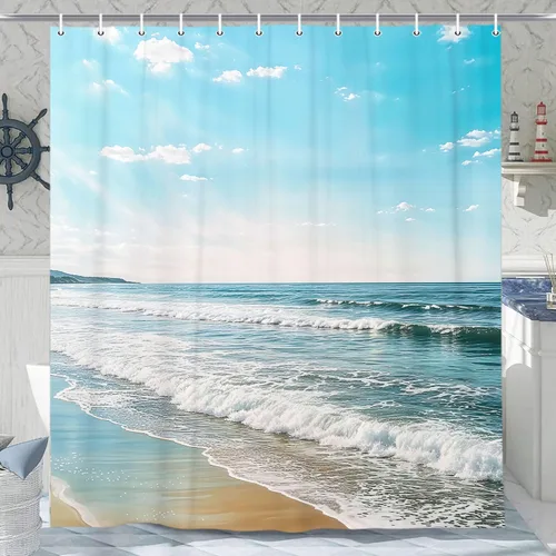 Miniatura 8 de Wathon Cortina de ducha con olas del mar del océano, cortina de baño náutica azul y blanco, accesorios de baño costero, juego de decoración de baño