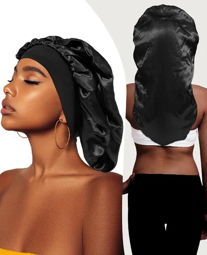 Miniatura 3 de AWAYTR Gorro largo de satén para mujer, gorro de seda de 2 capas para trenzas, gorro de dormir elástico con gorro de noche de banda ancha (negro)