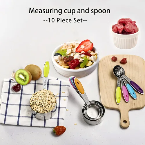 Miniatura 3 de Juego de 10 tazas y cucharas medidoras, taza medidora de metal apilable para medir ingredientes secos y líquidos, alimentos secos de cocina usados