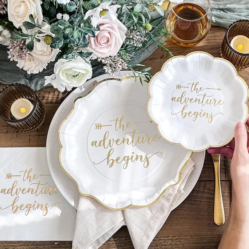 Miniatura 3 de Kate Aspen The Adventure Begins - Juego de platos y servilletas de papel para boda, 72 piezas, platos de boda, vajilla desechable para 24 invitados
