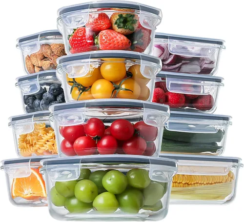 Miniatura 9 de HOMBERKING 24 recipientes de vidrio para almacenamiento de alimentos con tapas, cajas Bento de vidrio herméticas, sin BPA y a prueba de fugas, Rosa