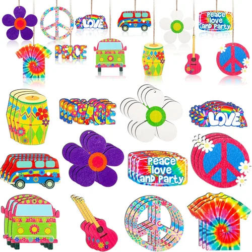 Jetec 36 piezas de adornos colgantes de madera para fiesta hippie de los años 60, letrero de la paz retro, decoración de teñido anudado para