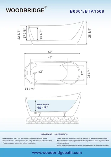 Miniatura 7 de WOODBRIDGE Drenaje y desbordamiento de bañera de remojo acílico blanco independiente de 67 pulgadas, BTA1508-B/N-Drain &O, con secado de níquel