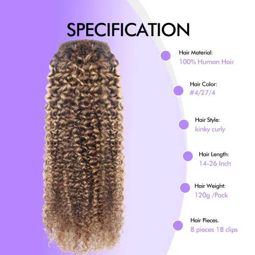 Miniatura 3 de Extensiones de cabello humano real rizado con clip, balayage, color marrón chocolate a rubio caramelo, 8 piezas con 18 clips, 4.23 oz/juego
