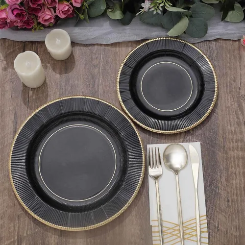 Miniatura 9 de Efavormart 25 Pack Platos de papel para servir y cenar de 10" en negro metálico con rayos de sol, platos desechables para fiestas - 350 GSM