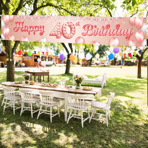 Miniatura 5 de Cartel de feliz cumpleaños número 40 color oro rosa, telón de fondo con globos de confeti para mujeres de 40 años, suministros de fiesta
