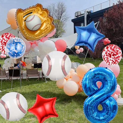 Miniatura 6 de Globos de béisbol de papel de aluminio para decoración de cumpleaños, globos con el número 8, globos de confeti de estrella roja y azul para Béisbol