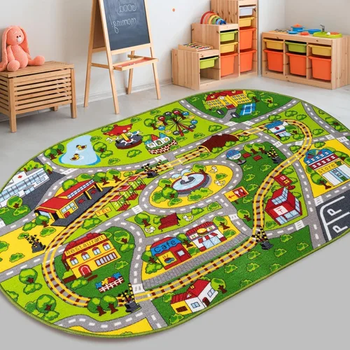 Miniatura 12 de Booooom Jackson Alfombra Infantil de Tren y Ciudad - Antideslizante, Lavable, Pista de Carreras de Coches para Niños y Niñas