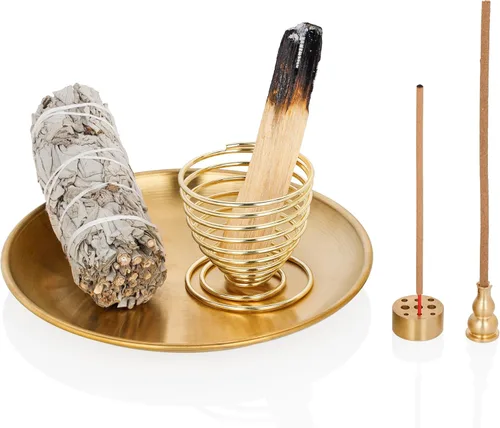 ZenBless Quemador de incienso 5 en 1, soporte para palo, soporte para salvia, soporte de incienso para varillas de incienso, bobina, conos de Dorado