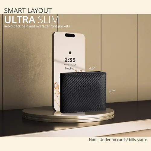 Miniatura 35 de Cartera delgada de cuero para hombre, bloqueo RFID, bolsillo frontal minimalista, delgada y elegante con ventana de identificación, regalo