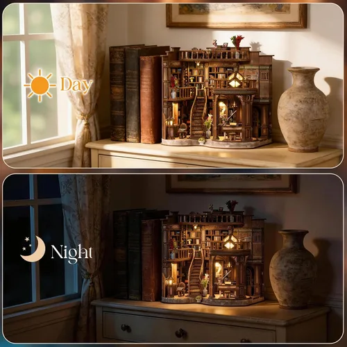 Miniatura 6 de Kit de rincón de libros, rompecabezas de madera 3D en miniatura, sujetalibros con luz LED, decoración de estantería de flor de cerezo para libros