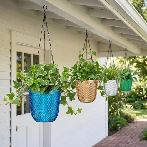 Miniatura 7 de QCQHDU - Macetas colgantes para plantas de interior, paquete de 2, 5.7 pulgadas, azul Klein Plástico, Autorriego, Percha de Plantas, Agujeros