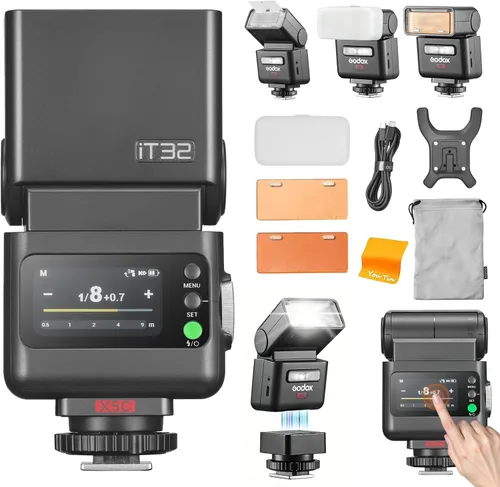 Godox iT32 TTL Flash de cámara con disparador X5C y kit difusor para cámaras Canon, zapata magnética y gatillo 2 en 1, pantalla táctil colorida,