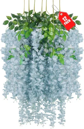 Miniatura 38 de Paquete de 12 flores colgantes de glicina rosa, flores colgantes falsas de 3.44 pies, guirnalda de glicina artificial para decoración de boda, telón
