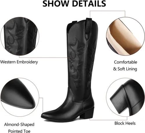 Miniatura 5 de Botas vaqueras bordadas para mujer, botas vaqueras de moda con punta occidental de tacón grueso, botas vaqueras altas hasta la rodilla