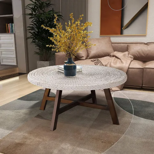 Miniatura 9 de RANDEFURN Mesa de centro redonda, mesa de cóctel de madera de pino maciza con marco en X y marco de X, fácil de montar, varios tamaños para sala
