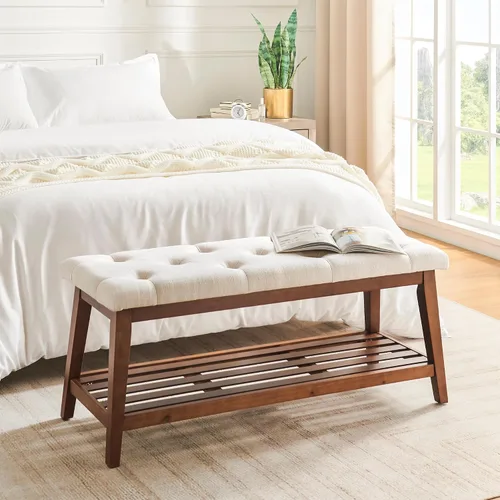 Miniatura 4 de kinmars Banco Tapizado para Dormitorio al Pie de la Cama, Banco de Entrada de 42.5 Pulgadas para Sala de Estar, Banco de Comedor con Asiento Beige