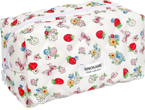 SINOKAME Bolsa de maquillaje acolchada, bolsa de cosméticos hecha a mano de fresa, estuche organizador de maquillaje floral de coqueta, organizador