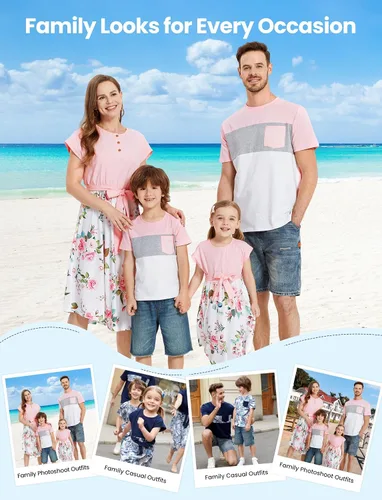 Miniatura 2 de PATPAT Conjuntos familiares a juego de manga corta con cinturón, estampado empalmado y camisetas casuales a juego
