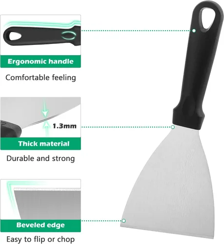 Miniatura 3 de HaSteeL - Juego de 2 espátulas de metal, 9.8 x 3.6 pulgadas, de acero inoxidable, con borde inclinado, espátulas planas Teppanyaki Hibachi, Mango