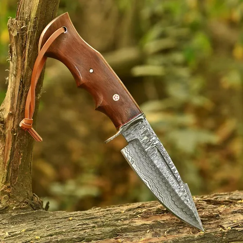 Miniatura 2 de Cuchillo de caza de Damasco hecho a mano de 10 pulgadas con funda de cuero, ideal para desollar, acampar, al aire libre, cuchillo de bushcraft