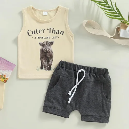Miniatura 6 de Gueuusu Ropa de bebé occidental para niño, camiseta sin mangas con estampado de vaca de las tierras altas para niños pequeños, conjunto