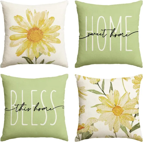 Miniatura 23 de AVOIN colorlife Home Sweet Home - Juego de 4 fundas de almohada amarillas para primavera y verano, 16 x 16 pulgadas, funda de cojín azul para sofá
