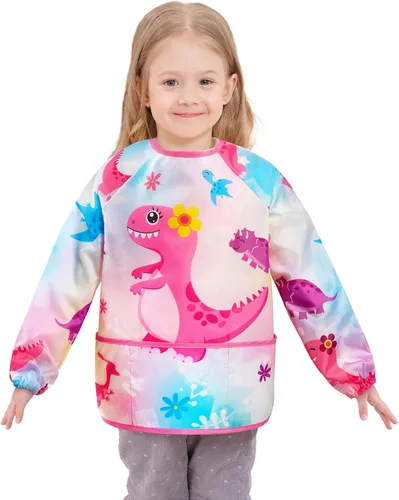 WERNNSAI Bata de arte para niños impermeable con manga larga y 3 bolsillos de pintura Dinosaurio B001