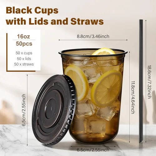 Miniatura 3 de KesaPlan Paquete de 50 tazas de plástico negro de 16 onzas con tapas y pajitas, taza de café helado desechable con tapas, tazas de fondo redondo