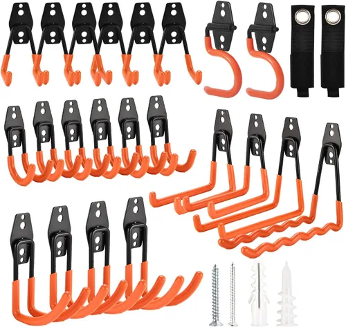 Miniatura 9 de Paquete de 30 ganchos de almacenamiento de acero resistente, colgador de garaje y organizador de montaje en pared para bicicletas, herramientas