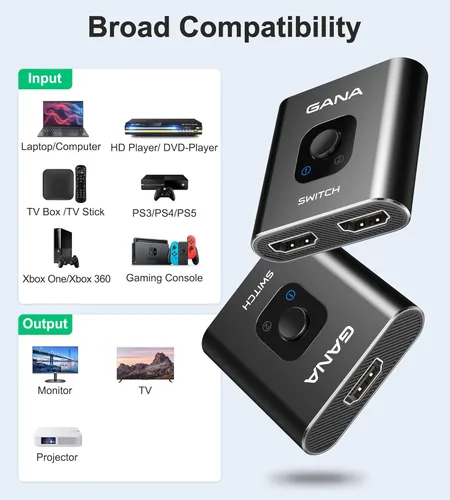 Miniatura 4 de Interruptor HDMI 4 K a 60 Hz, interruptor HDMI bidireccional de aluminio GANA 2 en 1 salida, concentrador HDMI manual compatible con HD compatible