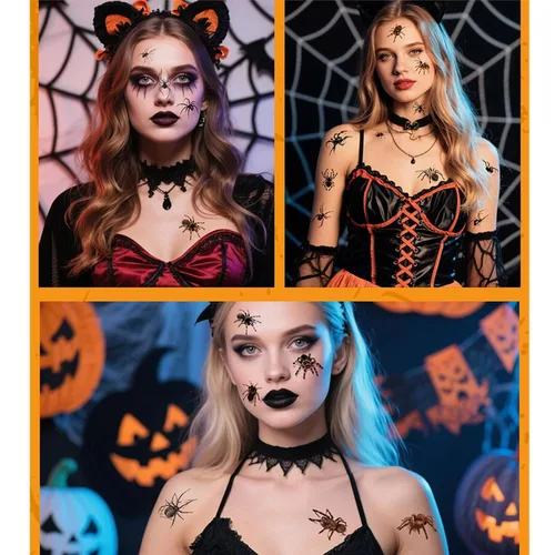 Miniatura 6 de Tatuajes temporales de araña de Halloween, calcomanías de arte facial y corporal, 10 hojas de calcomanías de tatuaje para el día de los muertos