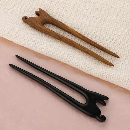 Miniatura 5 de 2 unidades de palos de pelo de madera en forma de U hechos a mano tallada de madera francesa con bonito diseño de gato, 2 puntas, horquillas